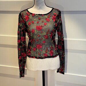 Sheer embroidered black mesh top with floral motif - classy and sexy!